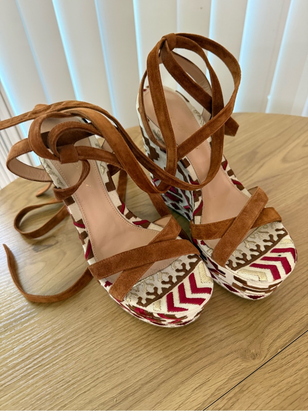 Gianvito Rossi Cheyenne Suede embroidered wedges, neutral brown suede wedges - Picture 4 of 5